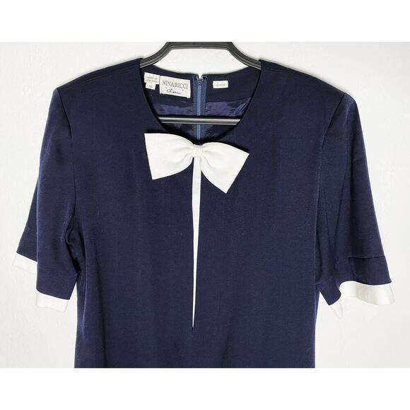 Vintage Nina Ricci Charm Women’s Navy Shift Dress White Bow Trim Classic Preppy - Picture 3 of 9